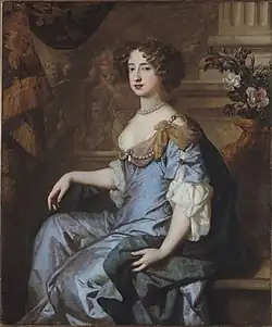 Portrait of Mary with brown hair and in a blue-and-gray dress