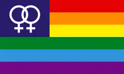 Variant of the rainbow pride flag with the double-Venus symbol