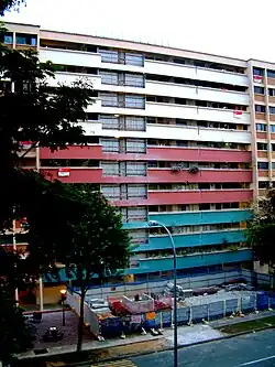 A housing block with construction work being undertaken on it