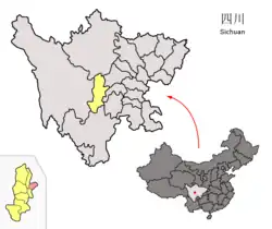 Location of Mingshan District (red) within Ya'an City (yellow) and Sichuan