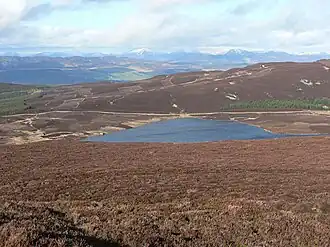 A stack of rocks with a lake beyond