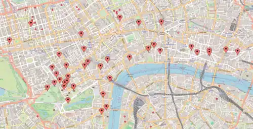 Map showing several locations across central and west London