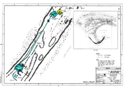 Map of Long Point showing two earthen artillery batteries and barracks connected by a long boardwalk