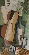 Louis Marcoussis, 1919, Violon, bouteilles de Marc et cartes (Violin, Marc bottles and cards), gouache and watercolor over charcoal on paper, 45.8 × 24.5&nbsp;cm