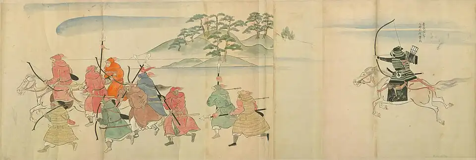 Samurai Mitsui Sukenaga (right) defeating the Mongolian invasion army (left)