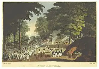 Painting of British sailors and Royal Marines behind the ramparts of Fort Maxwell
