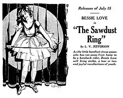 Black and white magazine advertisement featuring an illustration of Bessie Love in circus performer costume