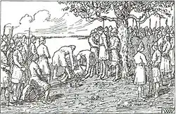 Black-and-white drawing of Egil hanged by the neck in a tree, surrounded by crowds of men