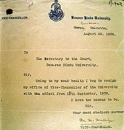 Mahamana Madan Mohan Malviya Resignation from Vice-Chancellor, Banaras Hindu University due to poor health.