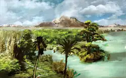 A tropical environment with a lake, palm trees and conifers, and in the background a tall mountain