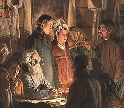 Young people, bride's parents and priest