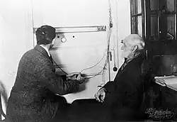 Manometer reading outside of door to a dog experiment room, and operator seated looking through periscope at dog inside, Ivan Pavlov seated to the right