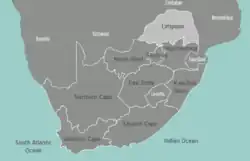 Illustrative map showing the location of the Limpopo Province to neighboring countries of Botswana (west), Zimbabwe (north), Mozambique (east), Swaziland/South Africa (south)