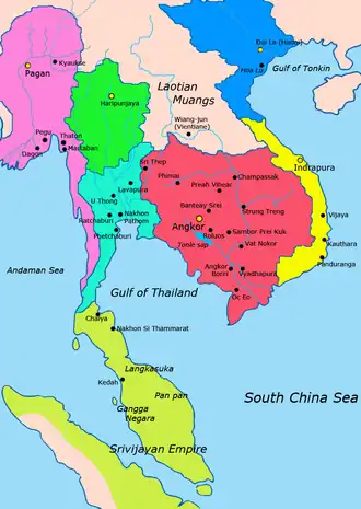 Map of mainland Southeast Asian polities c. 1000–1100 CE Cyan: Lavo Kingdom Red: Khmer Empire Green: Hariphunchai Kingdom Light green: Srivijaya Yellow: Champa Blue: Dai Viet Pink: Pagan Kingdom
