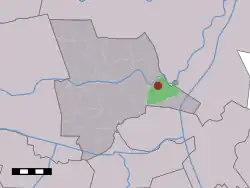 The village (dark red) and the statistical district (light green) of Beerze in the municipality of Ommen.