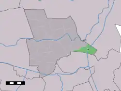 The village centre (dark green) and the statistical district (light green) of Beerzerveld in the municipality of Ommen.