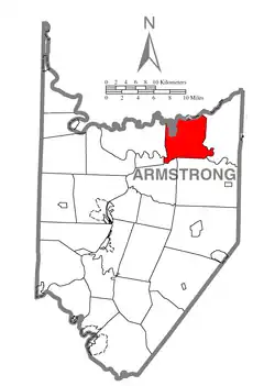Map of Armstrong County, Pennsylvania, highlighting Mahoning Township