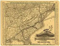 A beige-colored map depicting rail lines running across the US east coast and gulf of Mexico
