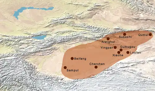 General area of the Tarim mummies ( ) with main burial sites, including Yingpan.