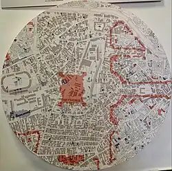 Map of the Uranus area of Bucharest, highlighting with red the spaces occupied by building erected during the Ceaușescu period, on display during an exhibition in the Bucharest City Hall in June 2021. Today, the area shown is largely occupied by the Palace of Parliament, its garden and the Izvor Park