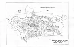 Map detailing the boundaries of the territory of Águas de São Pedro, showing the streets, green areas, lakes and a river