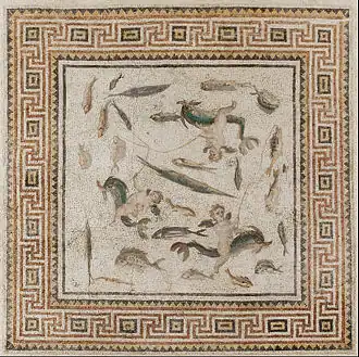 Marine mosaic (central panel of three panels from a floor); 200–230; mosaic (stone and glass tesserae); 2,915&nbsp;mm x 2,870&nbsp;mm; Museum of Fine Arts (Boston, US)