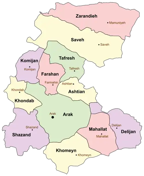 Location of Delijan County in&nbsp;Markazi&nbsp;province (bottom right, purple)