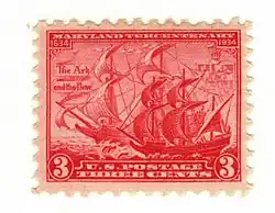 Small red three-cent stamp showing a sailing ship