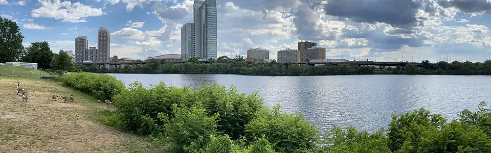 Massachusetts Turnpike viaduct that would be rebuilt as part of the proposed Allston Interchange Project, as seen from across the Charles River.
