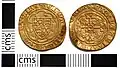 A gold quarter noble coin of Edward III, dating from c. 1363&nbsp;– c. 1369, found in Slapton in 2015[17]