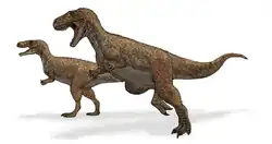 Drawing of two individuals of Megalosaurus, one in the foreground and one in the background, both roughly side-on and facing to the left. The background individual is standing, while the foreground one is walking