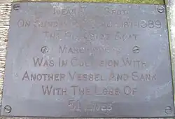 Brass plaque that reads: "Near this spot on Sunday 20th August 1989 The Pleasure Boat Marchioness was in collision with another vessel and sank with the loss of 51 lives"