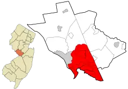 Location of Hamilton Township in Mercer County highlighted in red (right). Inset map: Location of Mercer County in New Jersey highlighted in orange (left) Interactive map of Hamilton Township, New Jersey