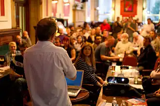 Photo of Brian Deer speaking at Skeptics in the Pub meeting in Liverpool