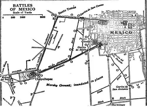 Molino del Rey is on the left. "O" depicts a Mexican battery, "P" an American battery, and "R" is Steptoe's battery.[1]