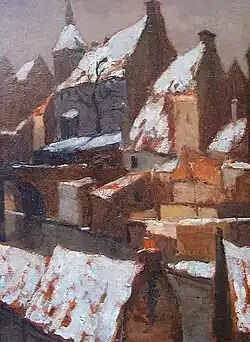 'Amersfoort'. Gezicht op het kerkje van Amersfoort. M.H. Mackenzie, olieverf op doek, 58 x 44 cm