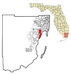 Location of Coral Gables in Miami-Dade County, Florida (left) and of Miami-Dade County in Florida (right)