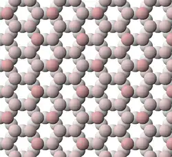 View of tetrahedral sheet structure of talc. The apical oxygen ions are tinted pink.