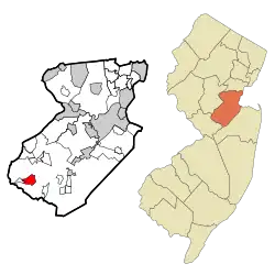 Location of Princeton Meadows in Middlesex County highlighted in red (left). Inset map: Location of Middlesex County in New Jersey highlighted in orange (right).