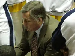 California Golden Bears head coach Mike Montgomery in huddle at 2008 Golden Bear Classic championship game.