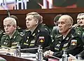 Colonel General Mizintsev (left), Admiral Igor Kostyukov (centre) and Head of GOMU&nbsp;[ru] Colonel General Burdinsky at a meeting, 29 January 2020