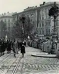 Austro-Hungarian infantry march past Emperor Franz Joseph I on the centenary of the Battle of Leipzig, 1813