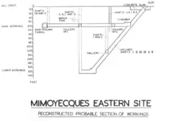 Diagram of the eastern site showing a series of galleries, shafts and chambers in the shape of an inverted A