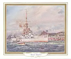 Minas Geraes painted in 1908 by Charles de Lacy for Armstrong Whitworth, from printed booklet available at launch