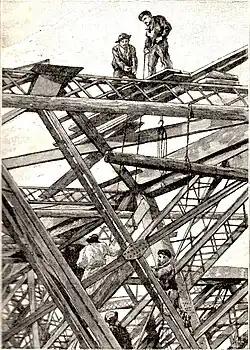 Workers assembling the Eiffel Tower 1889