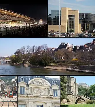 Top, from left to right: 24 Hours of Le Mans automobile race at night; Le Mans Justice Department Office Middle: View of Sarthe River and historic area, including the Palais of Comtes du Maine Bottom, from left to right: Le Mans tramway in Gambetta Street; Facade of Le Mans Commerce Center; Saint Julien Cathedral