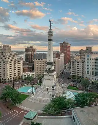 Monument Circle, with Circle Tower on the left (2014)