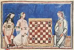 León and Galicia, c. 1283. European image of Muslim Spain, showing a European woman, playing lute or oud for Moorish women.