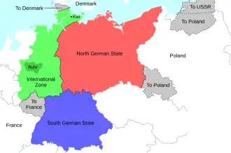 Morgenthau Plan: &nbsp;&nbsp;North German state &nbsp;&nbsp;South German state &nbsp;&nbsp;International zone &nbsp;&nbsp;Territory lost from Germany (Saarland to France, Upper Silesia to Poland, East Prussia, partitioned between Poland and the Soviet Union)