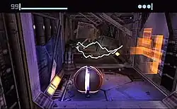 A metallic ball stands in a futuristic corridor, with sparks of electricity in the background. Atop the image is a bar and a number indicating the health of the player, and three round icons indicating the remaining bombs.